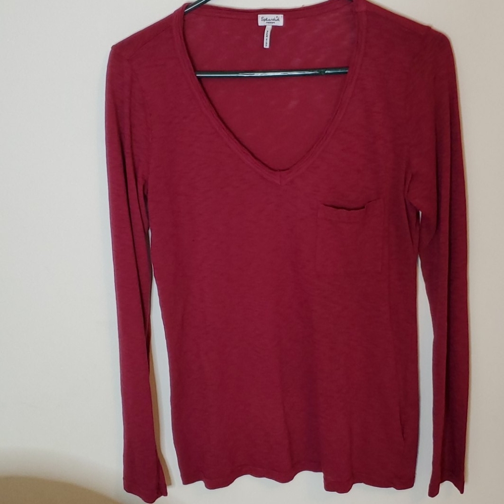 Splendid V-Neck Pocket Long Sleeve Burnout